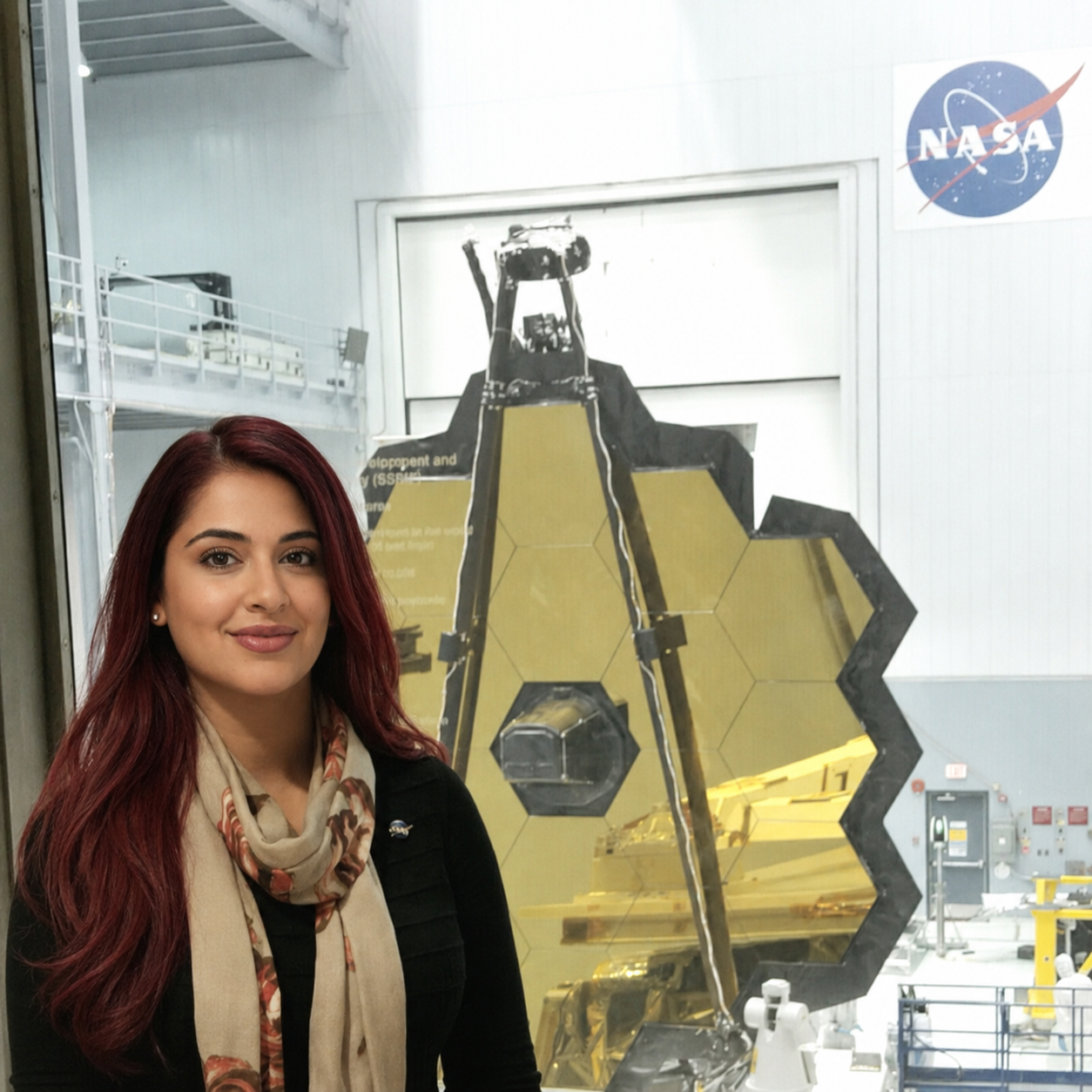 Tammy Ashraf standing in front of the James Webb Space Telescope hardware at a NASA facility